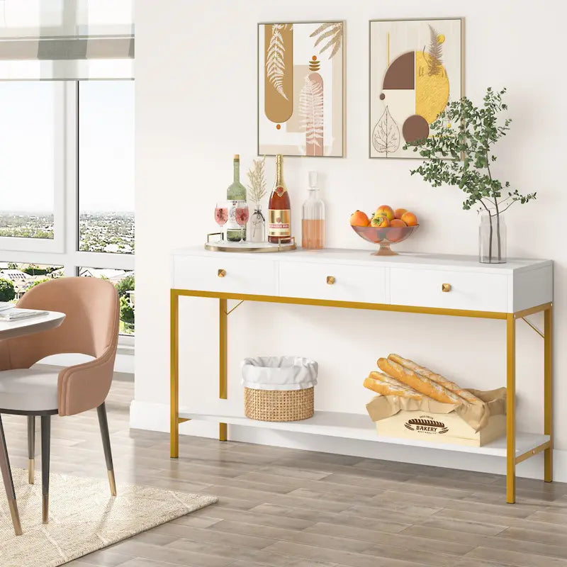 54.33 Table console avec 3 tiroirs, Table d'entrée noire avec étagères de rangement