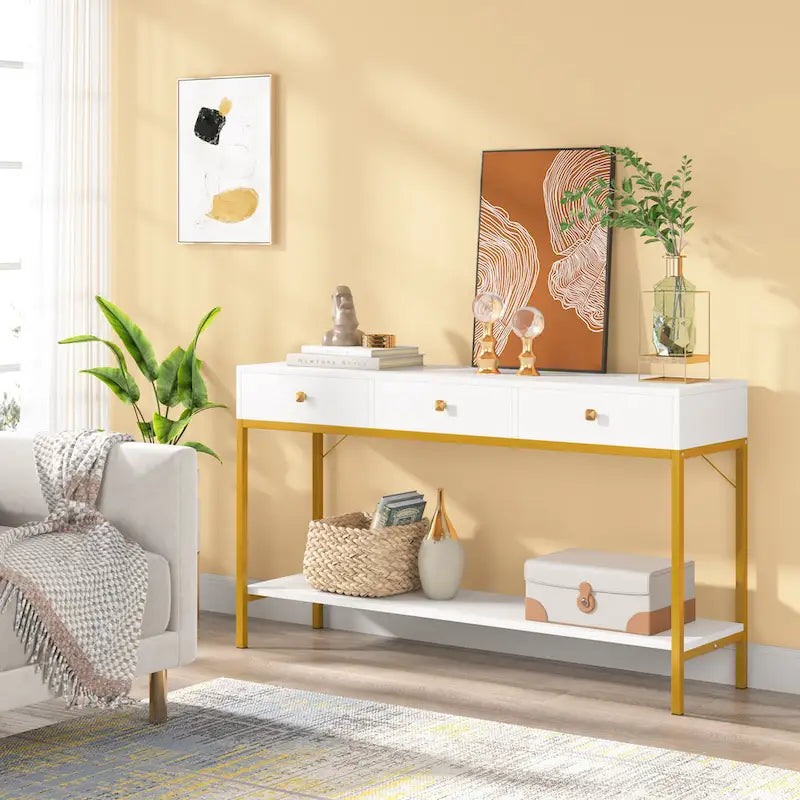 54.33 Table console avec 3 tiroirs, Table d'entrée noire avec étagères de rangement