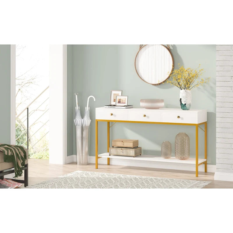 54.33 Table console avec 3 tiroirs, Table d'entrée noire avec étagères de rangement