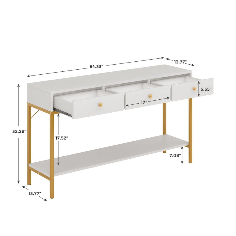 54.33 Table console avec 3 tiroirs, Table d'entrée noire avec étagères de rangement