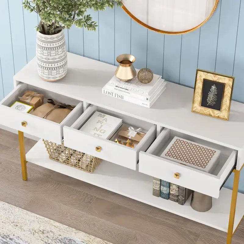 54.33 Table console avec 3 tiroirs, Table d'entrée noire avec étagères de rangement