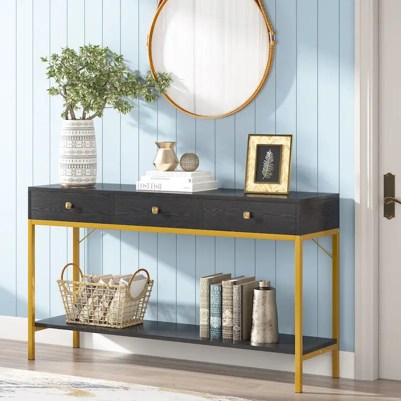 54.33 Table console avec 3 tiroirs, Table d'entrée noire avec étagères de rangement