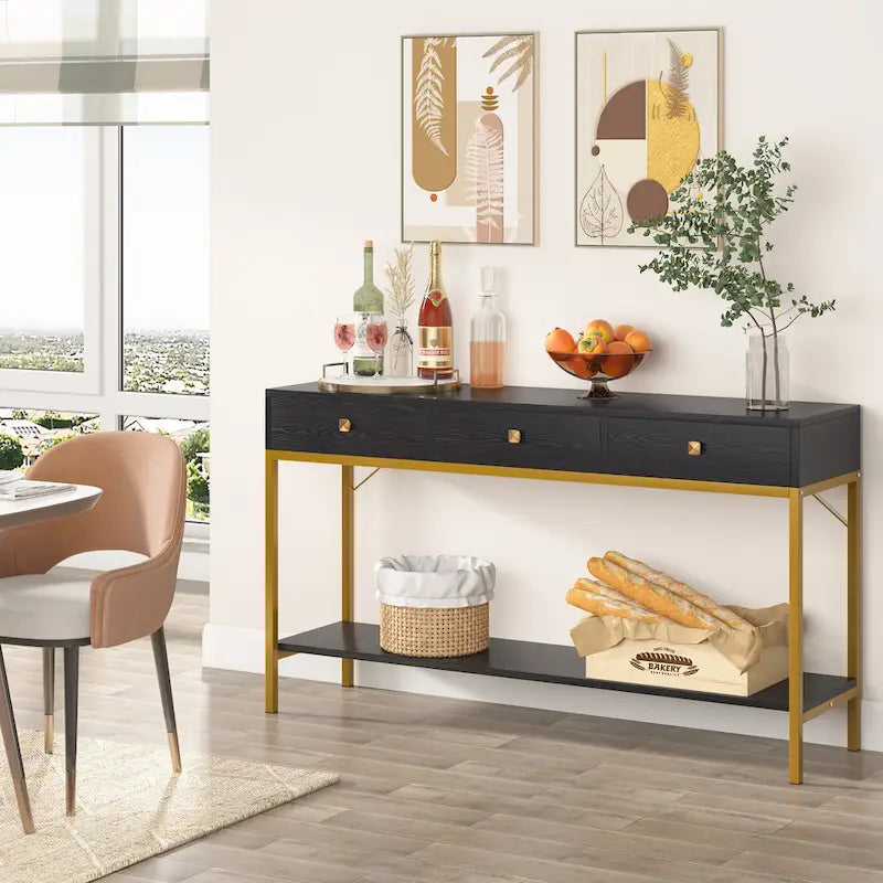 54.33 Table console avec 3 tiroirs, Table d'entrée noire avec étagères de rangement