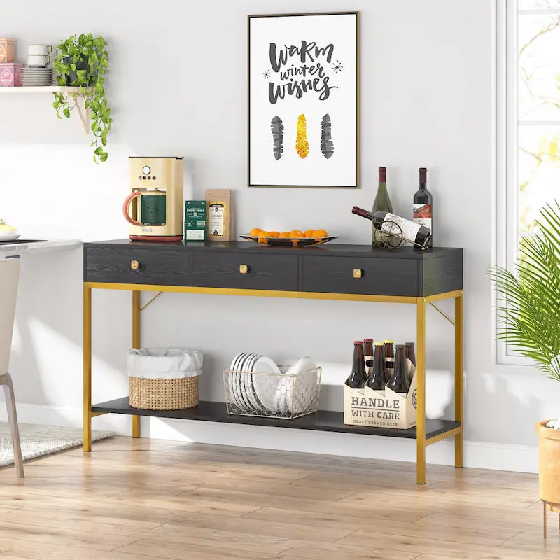 54.33 Table console avec 3 tiroirs, Table d'entrée noire avec étagères de rangement