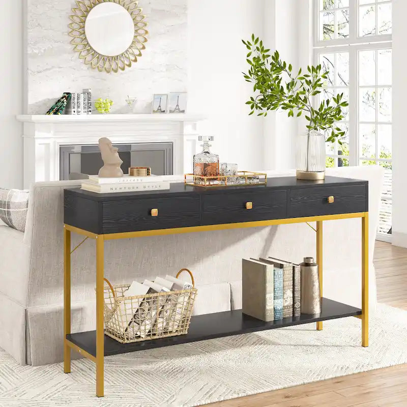 54.33 Table console avec 3 tiroirs, Table d'entrée noire avec étagères de rangement