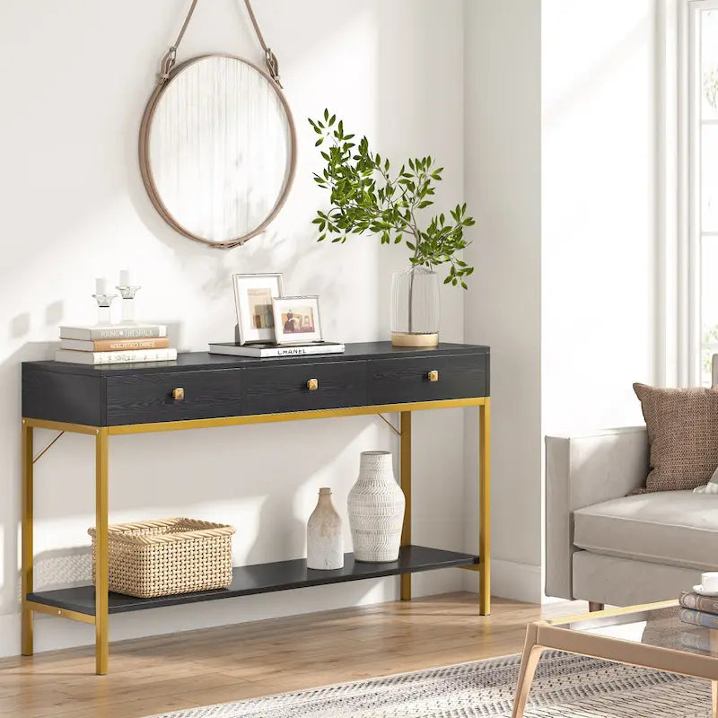 54.33 Table console avec 3 tiroirs, Table d'entrée noire avec étagères de rangement
