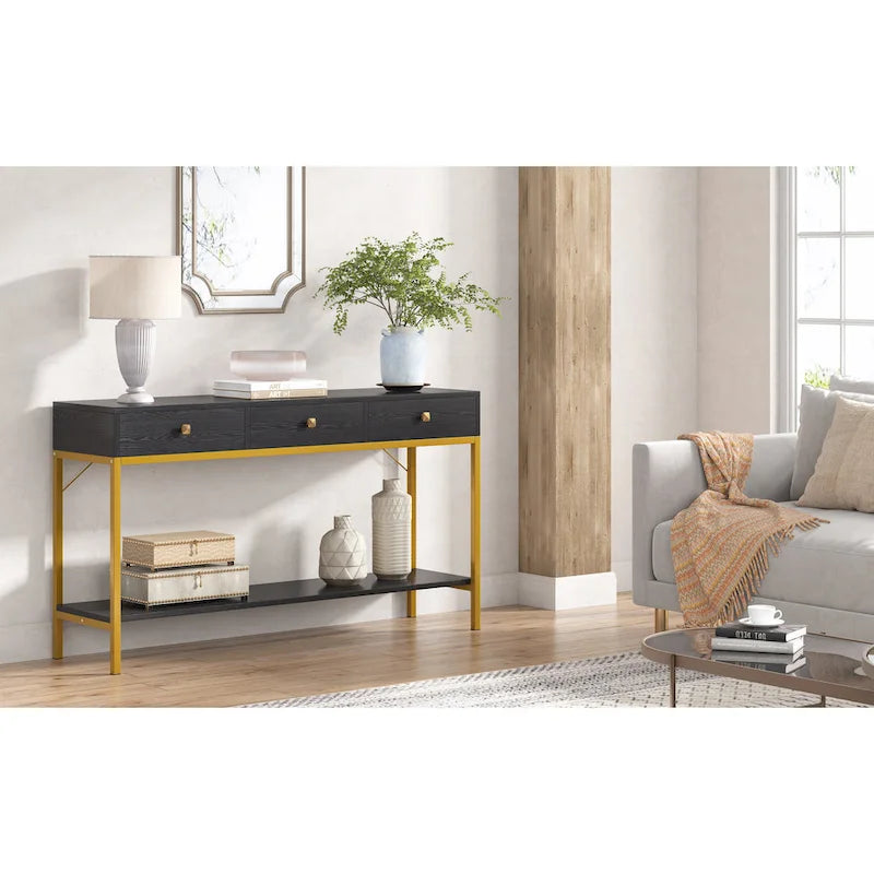 54.33 Table console avec 3 tiroirs, Table d'entrée noire avec étagères de rangement