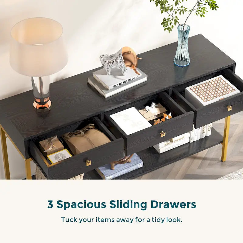 54.33 Table console avec 3 tiroirs, Table d'entrée noire avec étagères de rangement