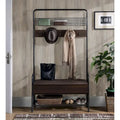 Porte-manteau industriel avec crochets, banc rembourré, panier en fil métallique et étagère à chaussures
