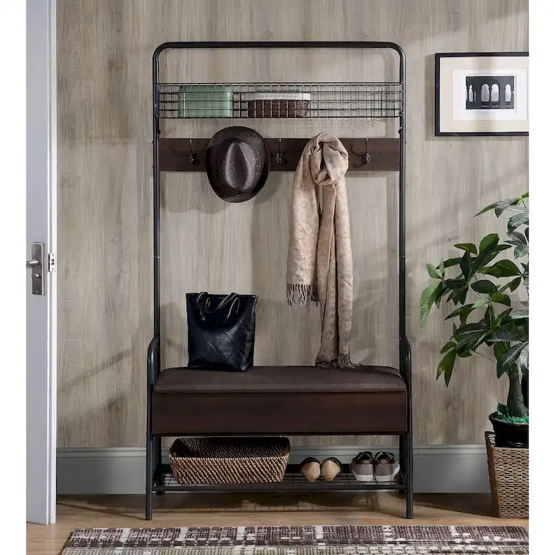 Porte-manteau industriel avec crochets, banc rembourré, panier en fil métallique et étagère à chaussures