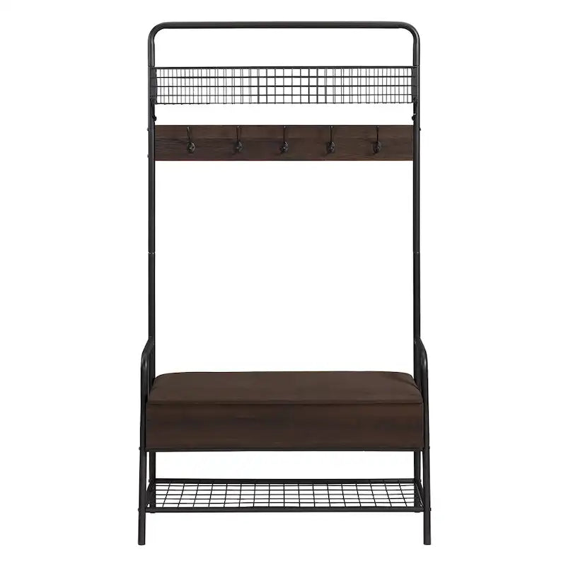 Porte-manteau industriel avec crochets, banc rembourré, panier en fil métallique et étagère à chaussures