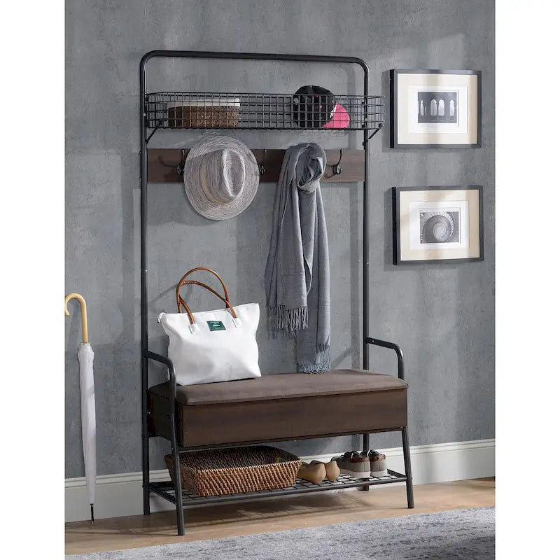 Porte-manteau industriel avec crochets, banc rembourré, panier en fil métallique et étagère à chaussures