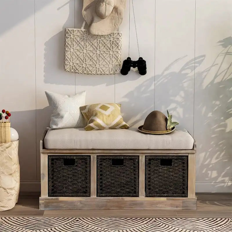 Banc de rangement d'entrée avec 3 paniers amovibles et coussin