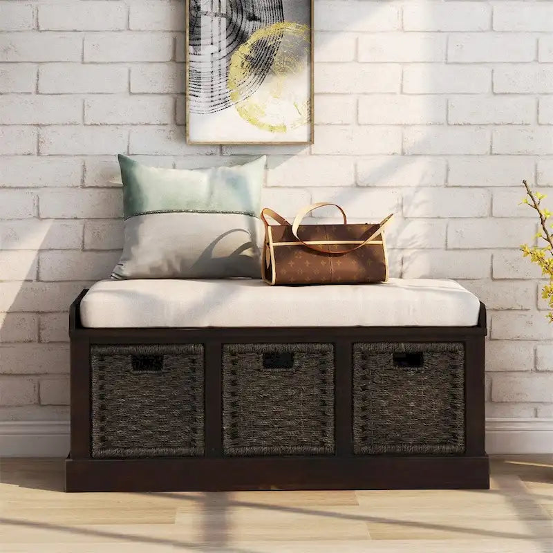 Banc de rangement d'entrée avec 3 paniers amovibles et coussin