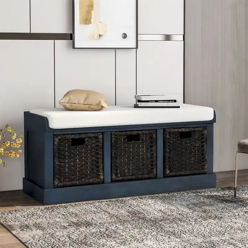 Banc de rangement d'entrée avec 3 paniers amovibles et coussin