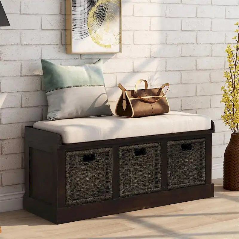 Banc de rangement d'entrée avec 3 paniers amovibles et coussin