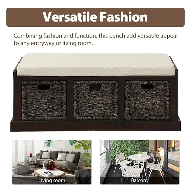 Banc de rangement d'entrée avec 3 paniers amovibles et coussin