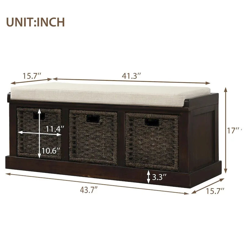Banc de rangement d'entrée avec 3 paniers amovibles et coussin