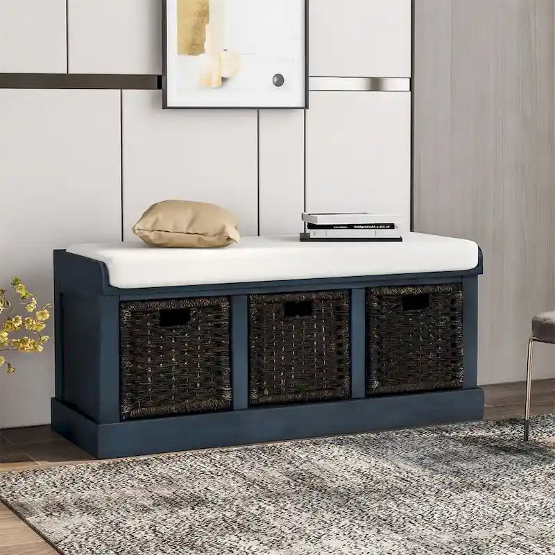 Banc de rangement d'entrée avec 3 paniers amovibles et coussin