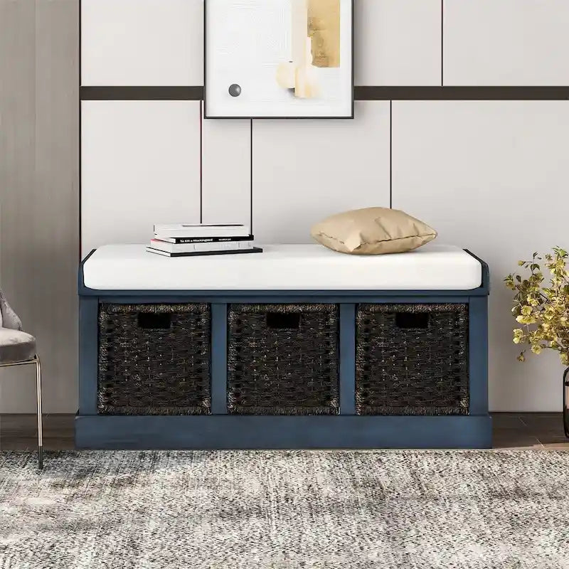 Banc de rangement d'entrée avec 3 paniers amovibles et coussin