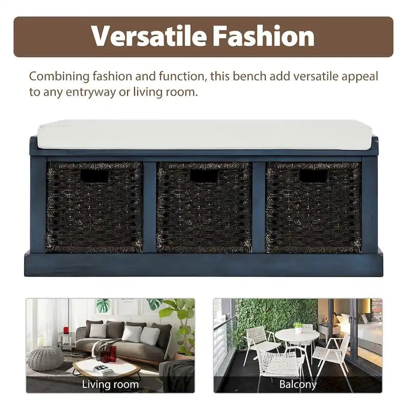 Banc de rangement d'entrée avec 3 paniers amovibles et coussin