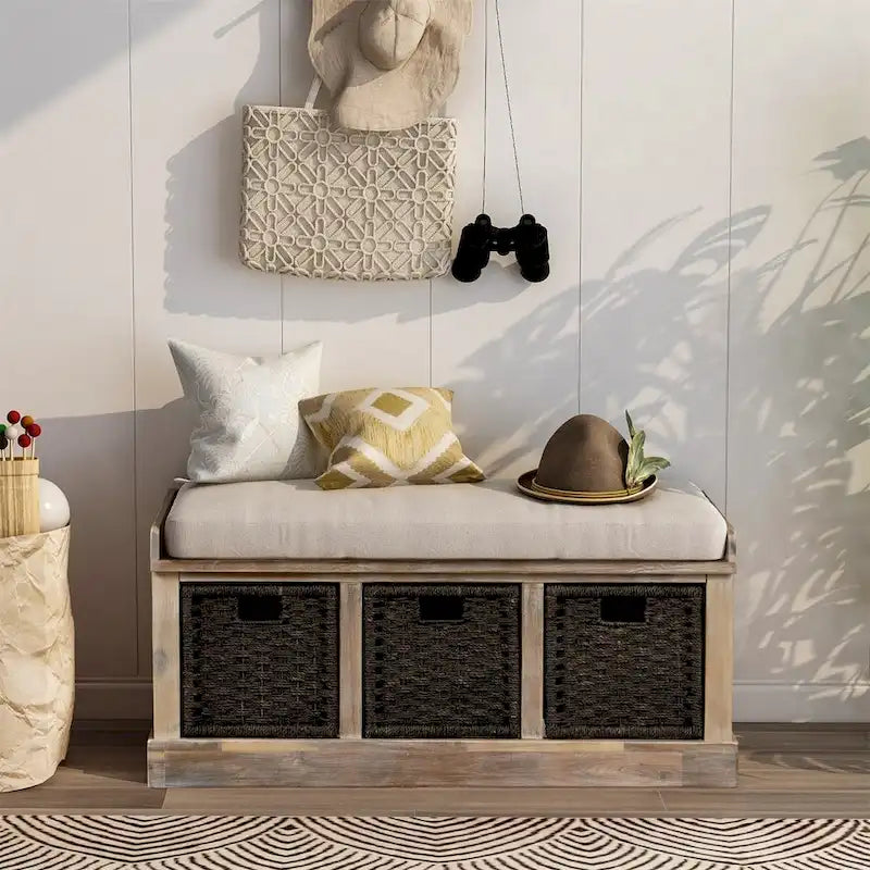 Banc de rangement d'entrée avec 3 paniers amovibles et coussin