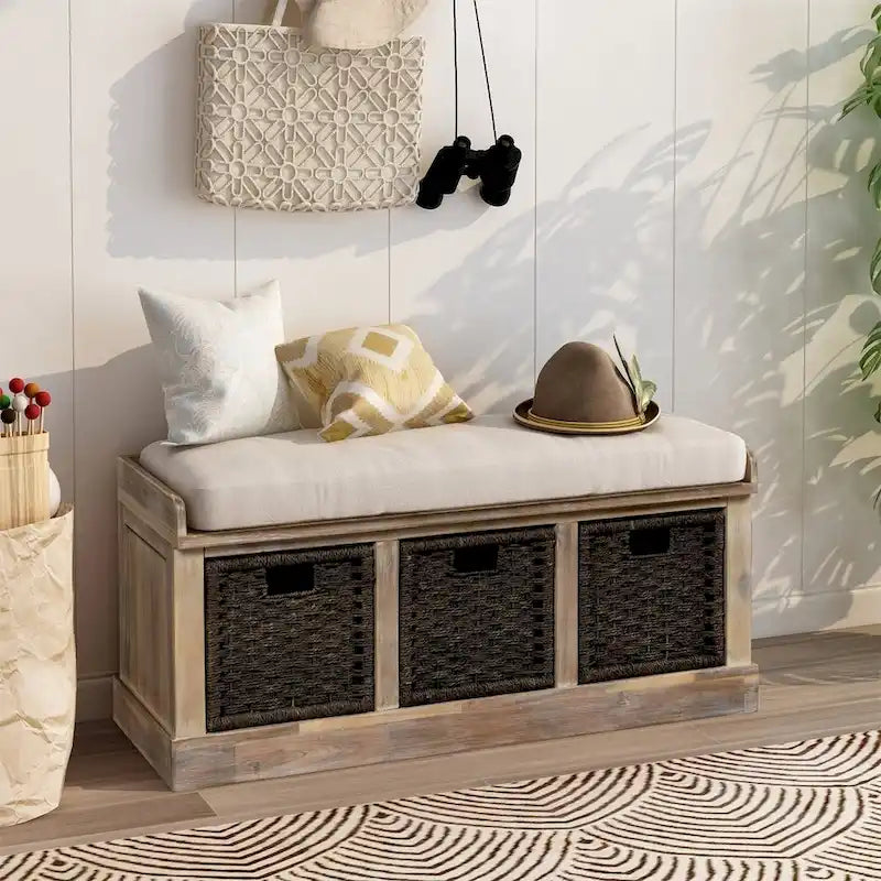 Banc de rangement d'entrée avec 3 paniers amovibles et coussin