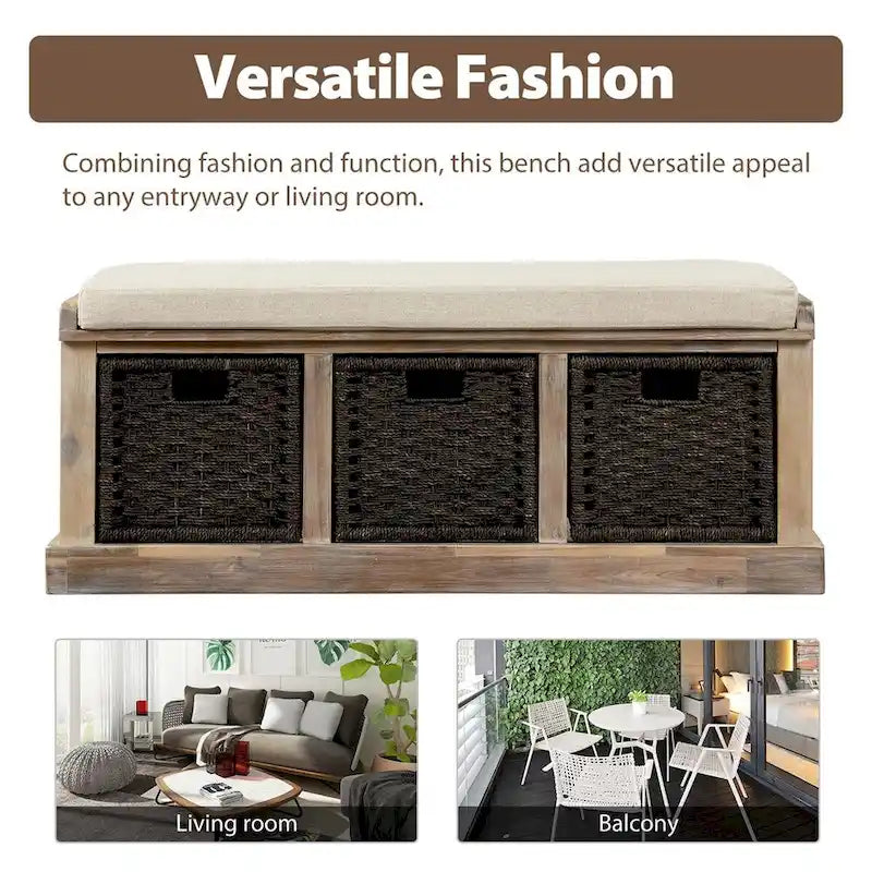 Banc de rangement d'entrée avec 3 paniers amovibles et coussin