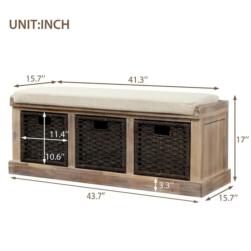 Banc de rangement d'entrée avec 3 paniers amovibles et coussin
