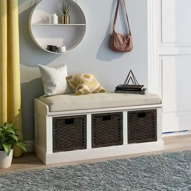 Banc de rangement d'entrée avec 3 paniers amovibles et coussin