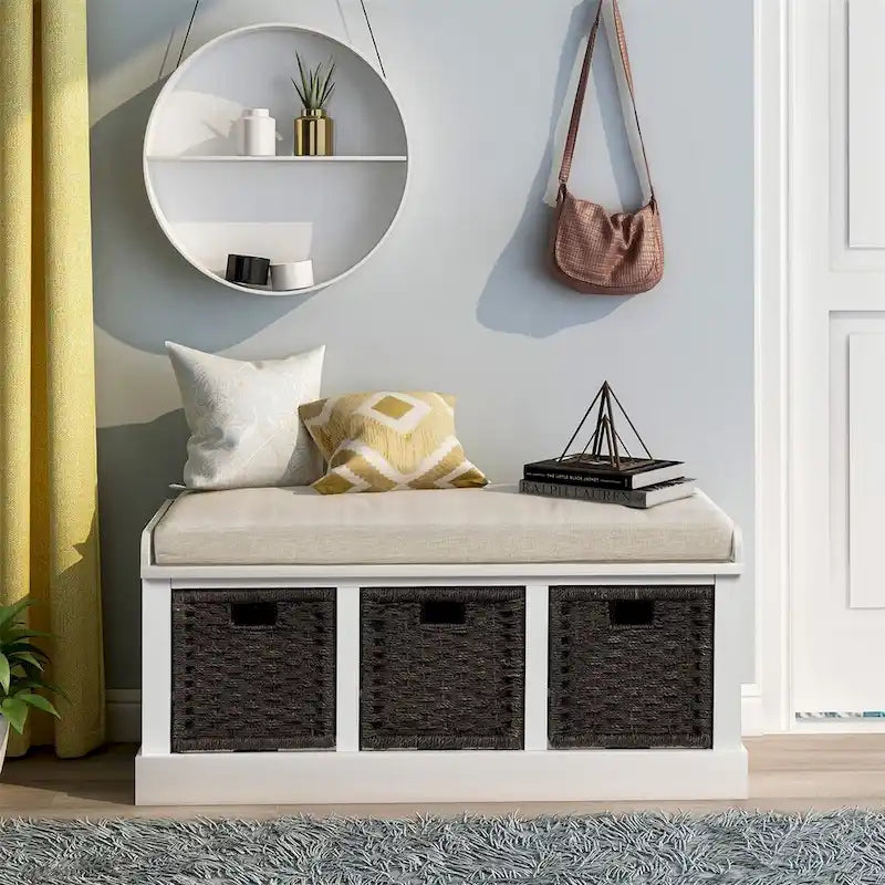 Banc de rangement d'entrée avec 3 paniers amovibles et coussin