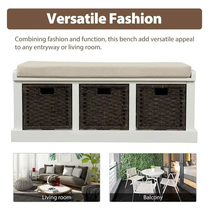 Banc de rangement d'entrée avec 3 paniers amovibles et coussin