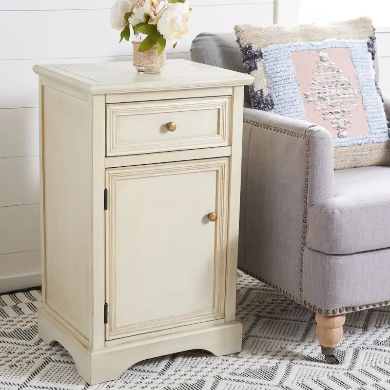 Table d'appoint en orme de style campagnard français avec tiroir et placard – 18L x 15P x 30H