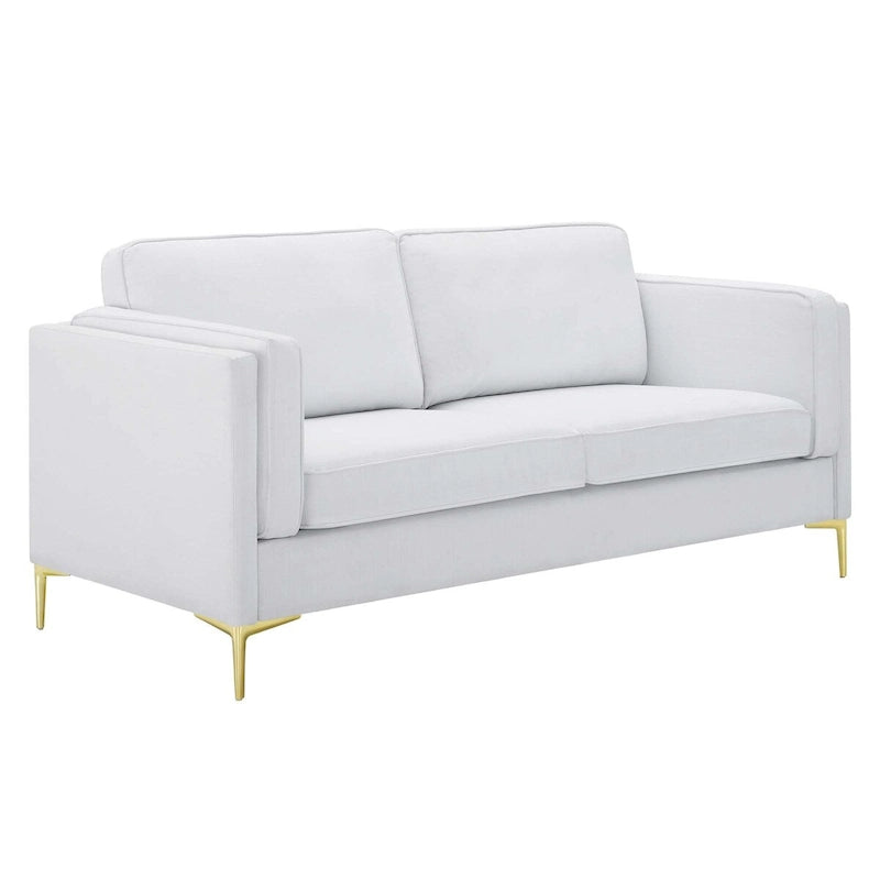 Canapé de style Mid-Century Modern en tissu polyester beige avec pieds en métal doré