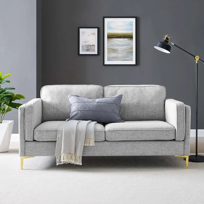Canapé de style Mid-Century Modern en tissu polyester beige avec pieds en métal doré