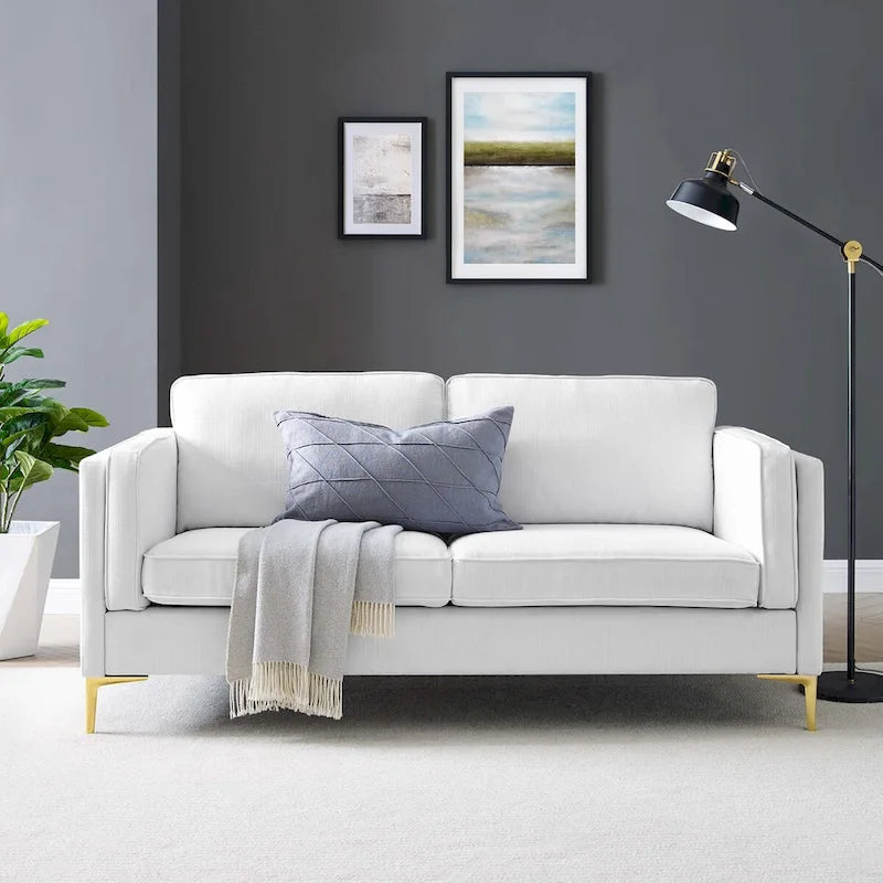 Canapé de style Mid-Century Modern en tissu polyester beige avec pieds en métal doré