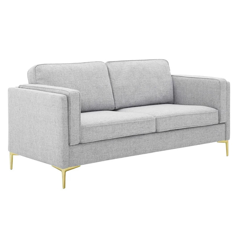 Canapé de style Mid-Century Modern en tissu polyester beige avec pieds en métal doré