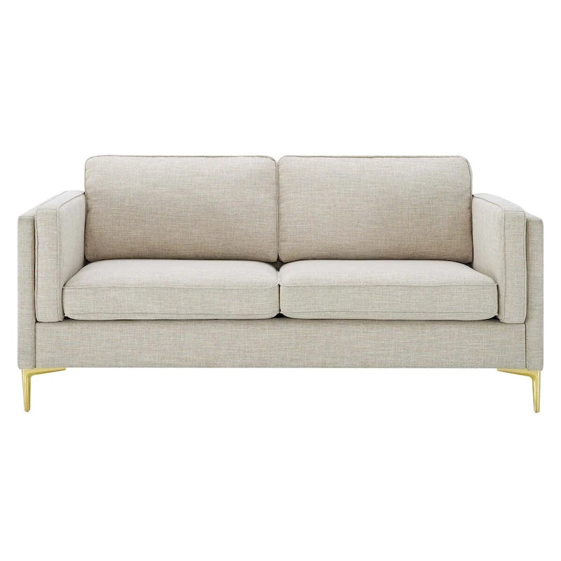 Canapé de style Mid-Century Modern en tissu polyester beige avec pieds en métal doré