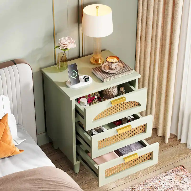 Table de chevet de 20 pouces, commode de chevet en bois à 3 tiroirs, meuble de rangement pour chambre, vert