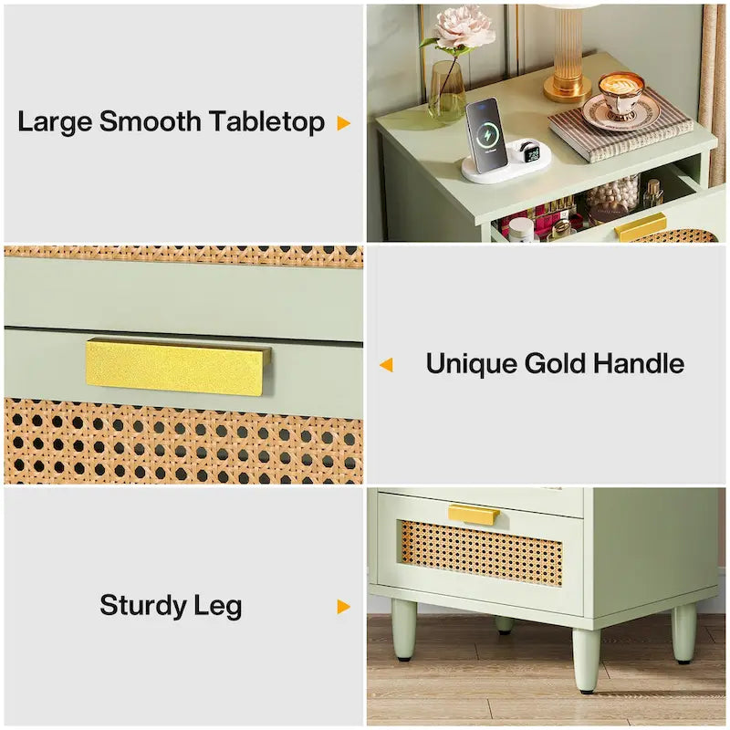 Table de chevet de 20 pouces, commode de chevet en bois à 3 tiroirs, meuble de rangement pour chambre, vert