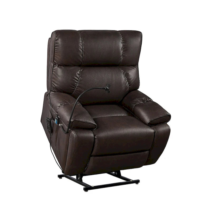 Fauteuil inclinable avec support de téléphone, releveur électrique avec 2 moteurs, massage et chauffage pour personnes âgées, 2 poches latérales, porte-gobelets
