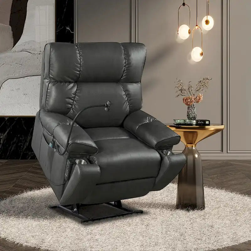 Fauteuil inclinable avec support de téléphone, releveur électrique avec 2 moteurs, massage et chauffage pour personnes âgées, 2 poches latérales, porte-gobelets