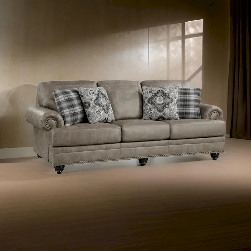 Jade 98 Inch Sofa, Taupe Brown Microfiber, 4 Pillows, Soft Cushions, Wood