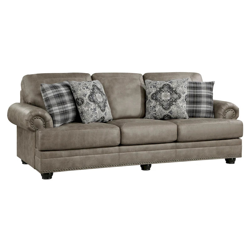 Canapé 3 places marron en microfibre de 249 cm avec 4 coussins et clous décoratifs