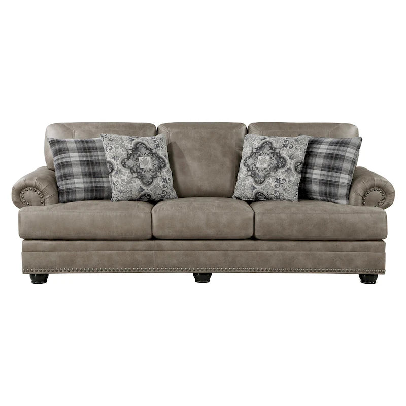 Canapé 3 places marron en microfibre de 249 cm avec 4 coussins et clous décoratifs