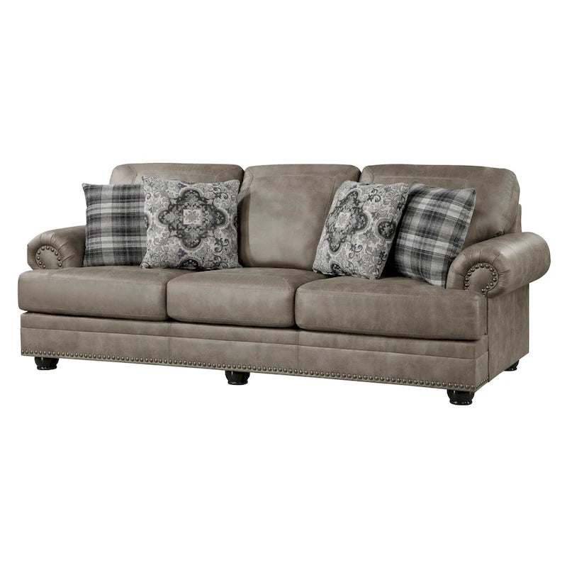 Canapé 3 places marron en microfibre de 249 cm avec 4 coussins et clous décoratifs