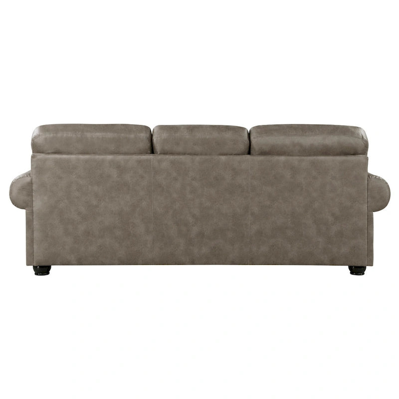 Canapé 3 places marron en microfibre de 249 cm avec 4 coussins et clous décoratifs