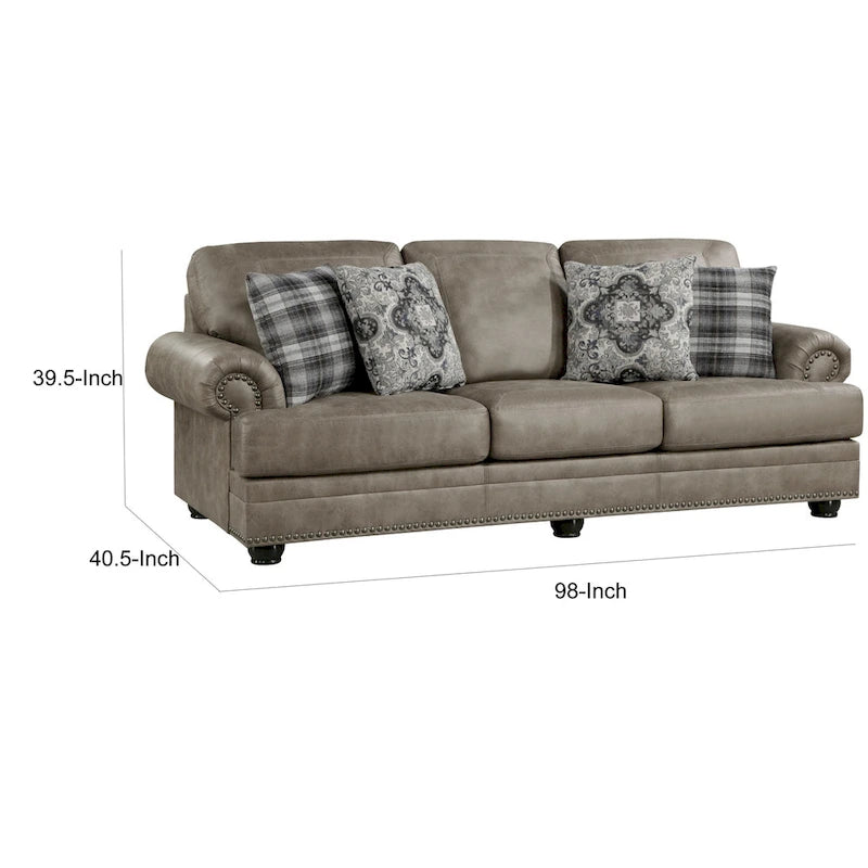 Canapé 3 places marron en microfibre de 249 cm avec 4 coussins et clous décoratifs