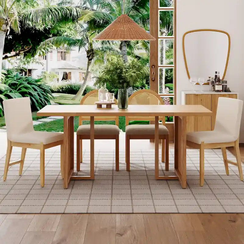Table de salle à manger bohème pour 6 personnes avec pieds en bois massif et accent en rotin bohème