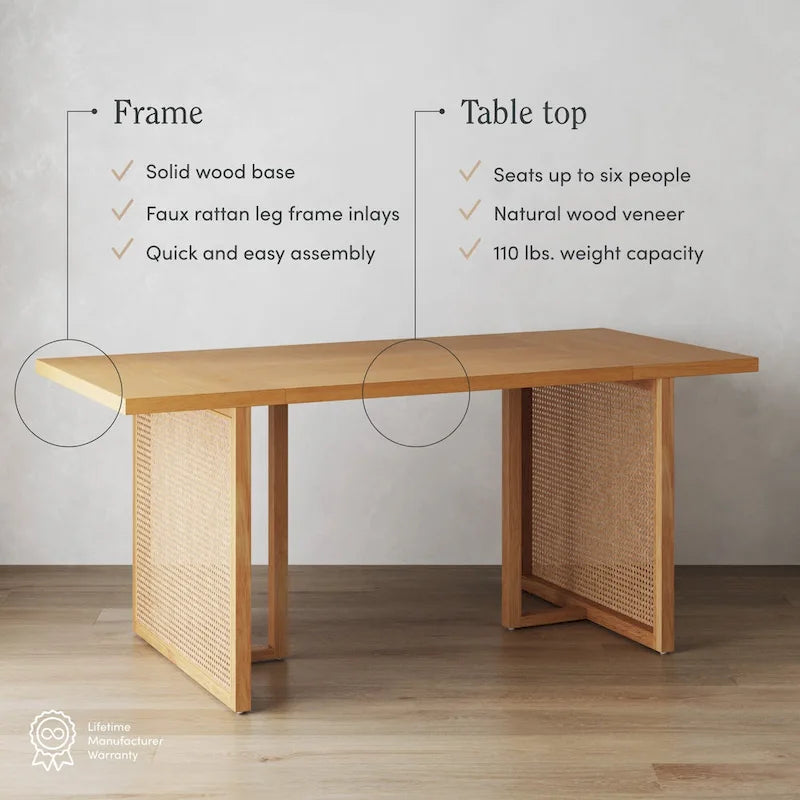 Table de salle à manger bohème pour 6 personnes avec pieds en bois massif et accent en rotin bohème